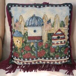 Vtg Tapestry Birdhouse Throw Pillow 16 x 16 Cord Fringe Flag Patriotic Americana